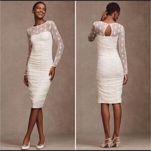BHLDN Dress Large Bailee Stretch Lace Ruched Midi White Wedding Grad Coquette